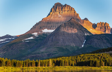 Mountains Rising in Glacier at Sunset above Swiftcurrent Lake, Many Glacier, Glacier National Park, Montana