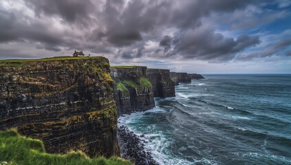 Rugged rocky coastline with powerful ocean waves crashing against high cliffs