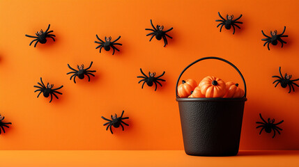 Halloween-themed background with black spiders on orange wall and a bucket filled with small pumpkins.
