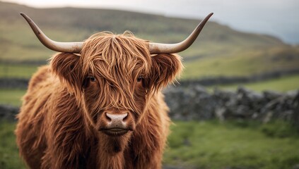 Majestic Highland cow with long curved horns standing in green pasture field