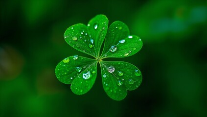 Shiny green four-leaf clover symbol of fortune captured in close-up macro shot