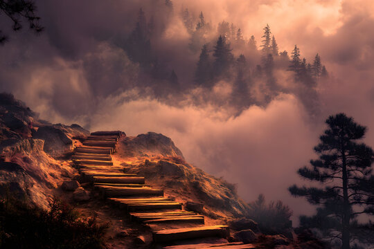 Scenic wooden steps leading through mystical forest overlooked by fiery orange sky - Powered by Adobe