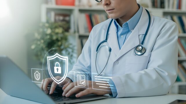 Physician at laptop with holographic medical security and data icons doctor healthcare