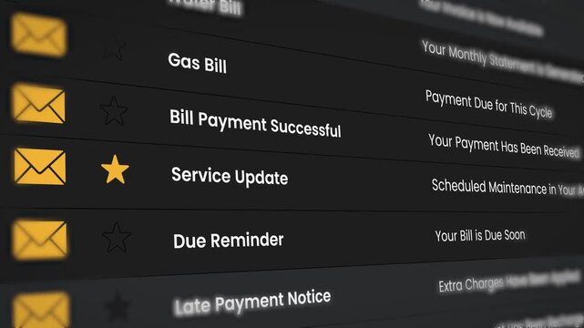 Email inbox view with pending bill payments notification moving in 4k video animation