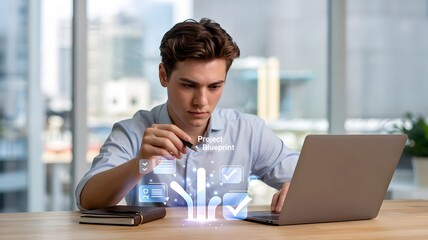 Young Man Reviewing Project Blueprint on Futuristic Digital Interface image photo