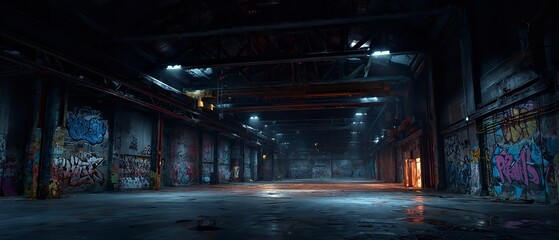 The urban soul of a vast abandoned warehouse, showcasing vibrant street art and graffiti in a dynamic and atmospheric setting for gritty stories