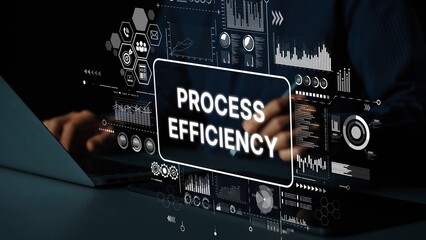 Hands on Laptop with Digital Interface Showing Process Efficiency in Modern Business Environment. Asymptotic smart data analytic.