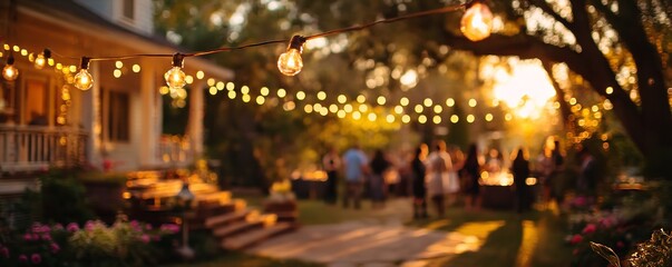 A magical backyard gathering under the warm glow of vintage string lights at sunset, perfect for summer parties and outdoor celebrations with friends