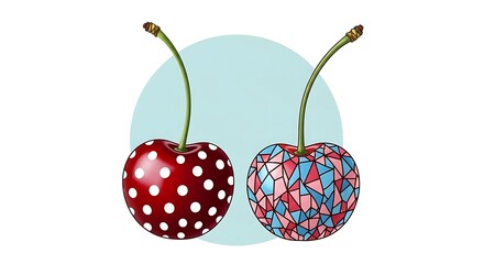 Two stylized cherries, one with red polka dots and the other with a geometric pattern