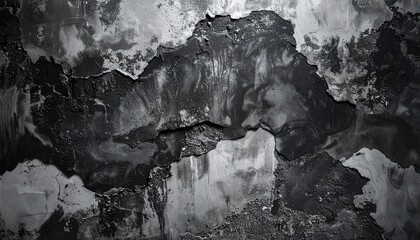 Abstract monochrome background featuring cracked and peeling textured wall surface reminiscent of
