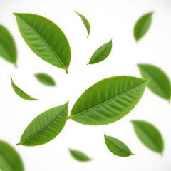 Fototapeta premium Fresh Green Tea Leaves Falling on White Background.