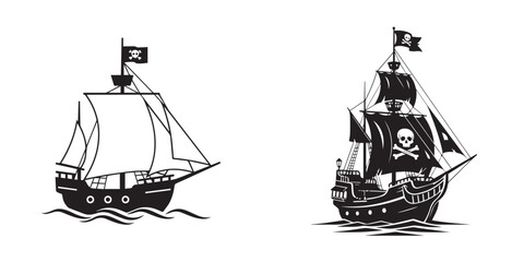 Monochrome Pirate Ships with Jolly Roger Flags on Waves Illustration