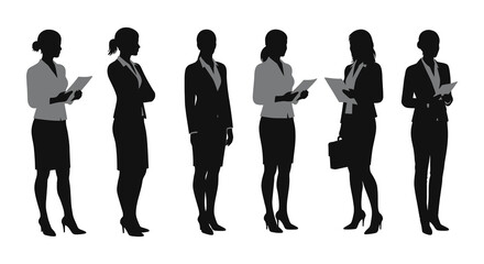 Diverse professional business women standing in a line holding documents and files for business meeting presentation