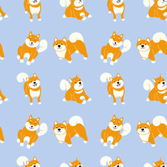 Obraz premium Seamless Pattern with Shiba Inu Dogs – Cute Orange Puppy Illustration on Blue and Pink Background