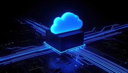 Cloud computing futuristic technology concept with glowing neon circuit board design