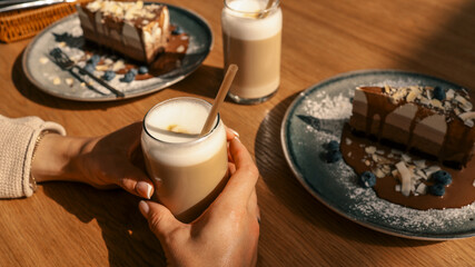 Coffee and cake on a wooden table