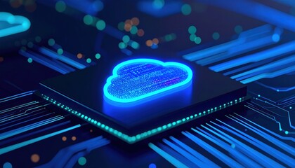 Cloud computing technology illustration with glowing cloud symbol and circuit board pattern