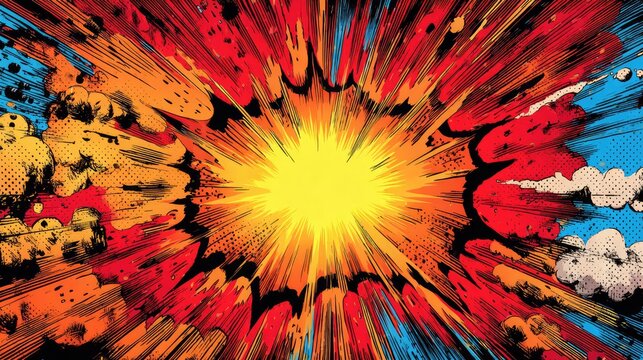 Abstract comic style explosion with bright yellow blast, dynamic red and orange speed lines, smoke clouds and halftone dots, retro pop art background for action, energy and motion concept