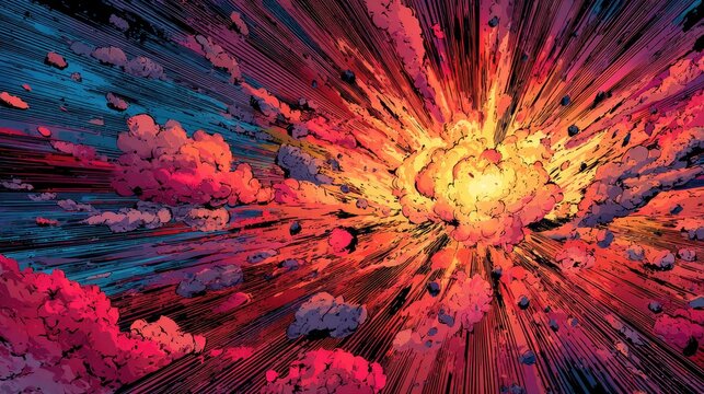 Abstract comic style fiery explosion with bright yellow and orange blast, dramatic red smoke clouds and dynamic speed lines, retro pop art design for action, energy and destruction concept