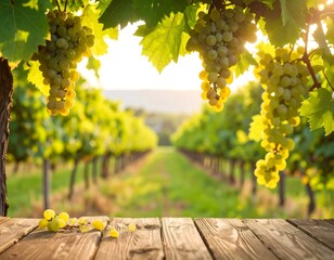 Vineyard scene with wooden table