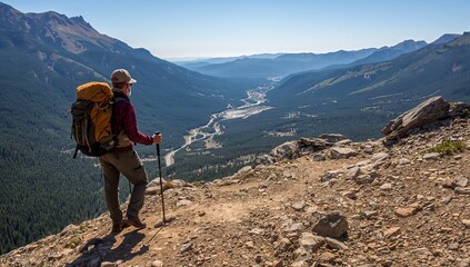 Fototapeta premium Lone hiker standing on rocky mountain peak gazing over dramatic alpine valley landscape