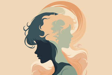 Abstract double exposure female portrait illustration with flowing hair and duality concept