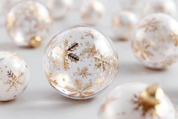 Elegant white and gold snowflake ornaments scattered on a festive surface