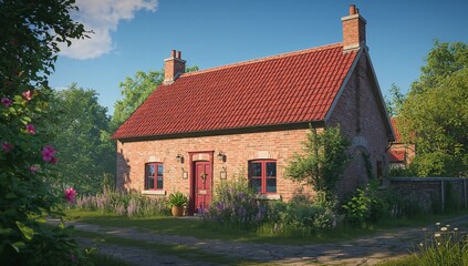 Charming countryside house with red roof surrounded by lush garden and tall trees