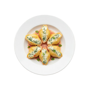 Stuffed Shells with Spinach and Ricotta in Tomato Sauce Isolated on White