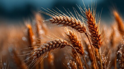 Close up of golden wheat ears with morning dew drops in field symbol of harvest and freshness