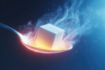 cube of sugar ignites in flames, creating dynamic visual of tran