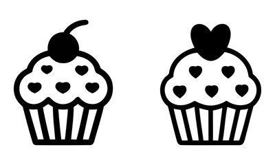 Cute black and white cupcake illustrations with heart designs. chocolate cupcake vector