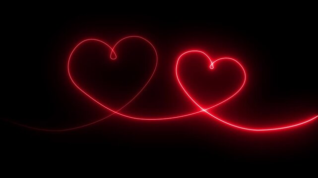Red color neon glowing Two love hearts. Valentine's Day indicate. Love One line drawing concept. love card neon glowing icon. glowing neon valentines love heart symbol single line double love icon