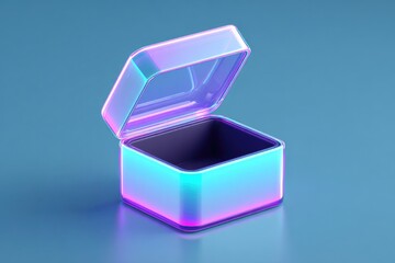 Shimmering open box with glowing edges, reflecting vibrant blue