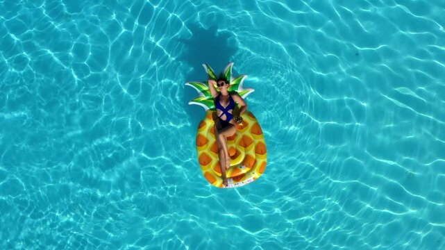 Woman floating on pineapple shaped inflatable mattress, relaxing while man swimming nearby. Concept of rest, relaxation, leisure and fun.