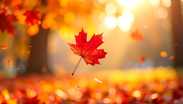 A vibrant red leaf floats mid-air, sunlight streaming through a blurred background of autumnal foliage. This captures the essence of fall