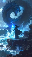 Fantasy Shaman Summoning a Colossal Sea Serpent

