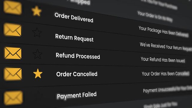 Email inbox view with messages about online shopping notifications 4k animated video