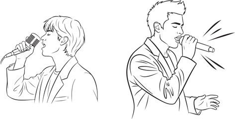 Two Male Singers Performing with Microphones in Line Art Illustration