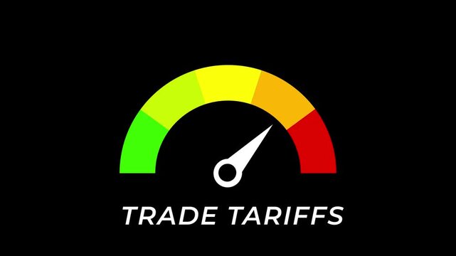 Animated digital trade tariffs gauge level meter, presentation element moving from low to high level, danger sign appears, color-coded scale, finance and Motion graphics of level miter concept.