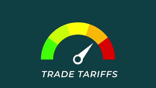 Animated digital trade tariffs gauge level meter, presentation element moving from low to high level, danger sign appears, color-coded scale, finance and Motion graphics of level miter concept.