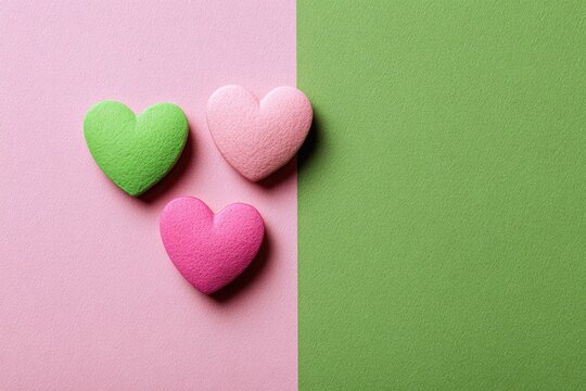 Three pastel hearts on a pink and green background (2)