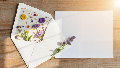 White envelope with pressed purple and yellow wildflowers on warm wood background, used for wedding invitations or greeting cards with copy space