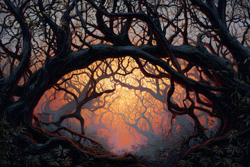Surreal woodland scene with gnarled black trees at sunset