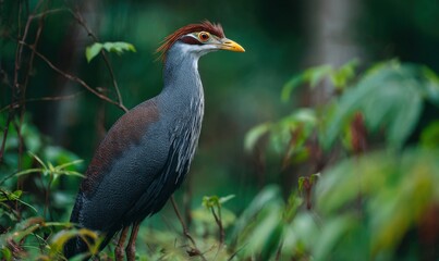 Naklejka premium Elegant bird perched amidst lush foliage in natural habitat.
