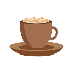 Warm cup of coffee with cream served on a brown plate in cozy café setting for a relaxing afternoon experience