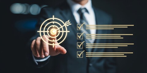 Hitting the Target: A sharply dressed professional, eye fixed on the mark, points directly at the bullseye. A strategic visualization of aiming for targets and completing tasks.