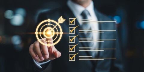 Reaching for the Bullseye: A determined professional points towards a digital bullseye, symbolizing focus, goals, and precision in a business environment.