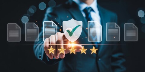 Document Protection and Assurance: A professional individual in a business suit interacts with a digital interface showcasing secure documents, protected by a shield icon.