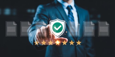 Shielding Assurance: A business professional, impeccably attired, interacts with a virtual shield icon, symbolizing data protection and security while interacting with the cloud.